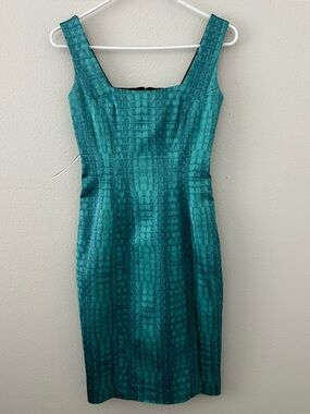 Jay Godfrey for Nordstrom Square Neck Sheath Dress Size 2 Teal Snake Print Satin